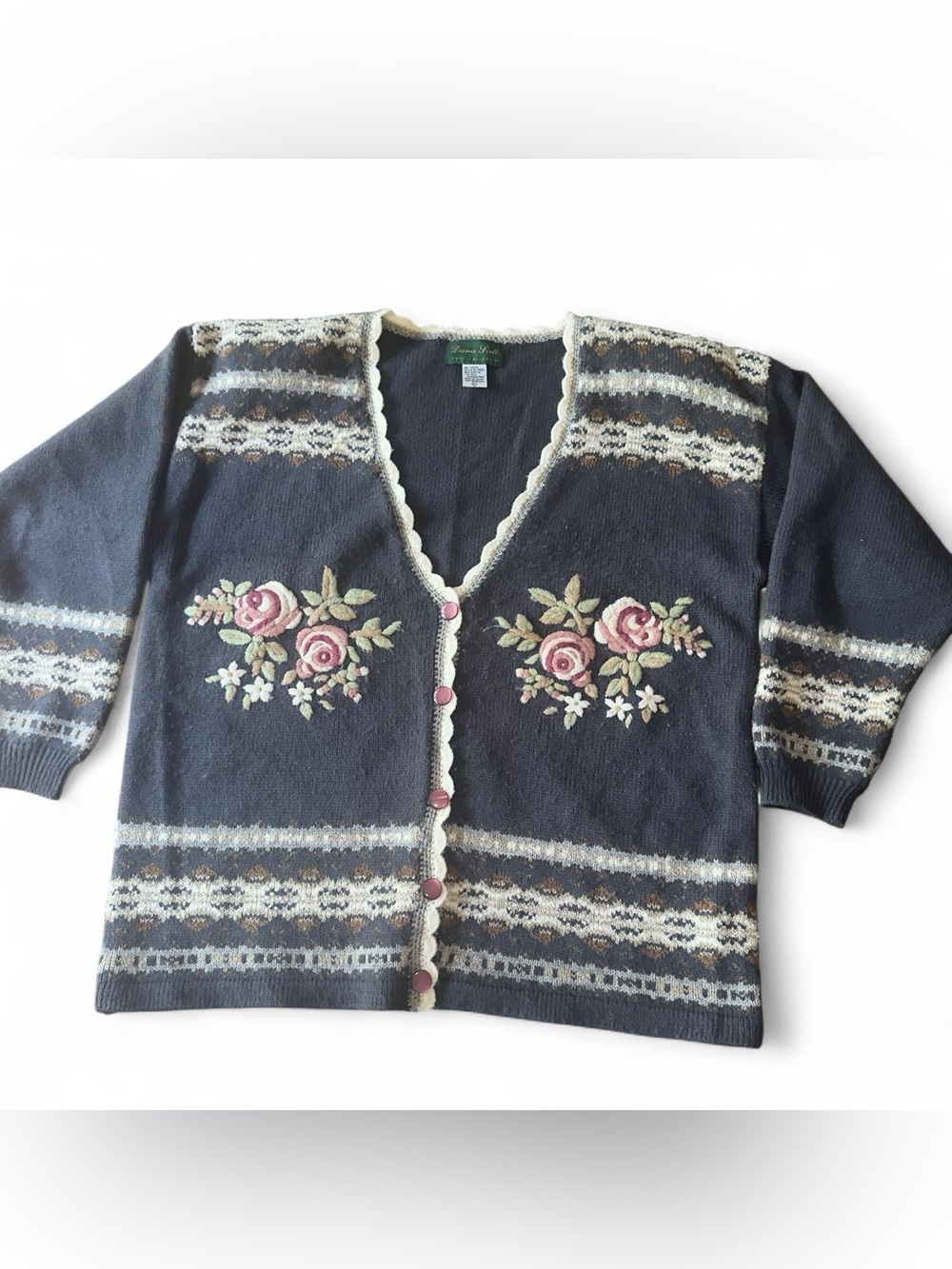 Vintage Dana Scott Floral Embroidered Navy Women’s Cardigan Sweater